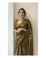 Blooming Burberry Jimmy Choo Olive Green Party Wear Embroidery Work Saree